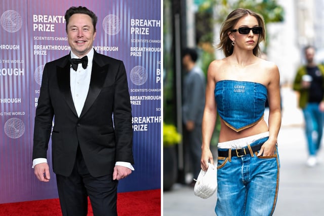 (L) Elon Musk attends the 2024 Breakthrough Prize Ceremony at the Academy Museum of Motion Pictures on April 13, 2024 in Los Angeles, California. (R) Sydney Sweeney is seen in Gramercy Park on May 4, 2024 in New York City.