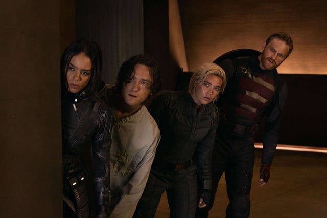 (L-R) Ghost (Hannah John-Kamen), Bob (Lewis Pullman), Yelena Belova (Florence Pugh) and John Walker (Wyatt Russell) in Marvel Studios' THUNDERBOLTS*. Photo by Chuck Zlotnick. © 2025 MARVEL. All Rights Reserved.