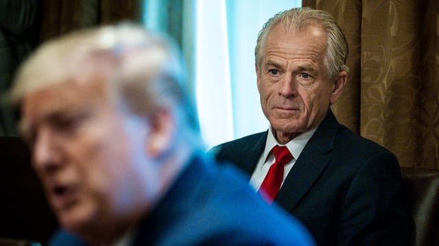 &#34;WASHINGTON, DC - MARCH 29: Director of the National Trade Council Peter Navarro looks on as President Donald Trump meets with supply chain distributors in reference to the COVID-19 coronavirus pandemic, in the Cabinet Room in the West Wing at the White House on Sunday, March 29, 2020. (Photo by Pete Marovich-Pool/Getty Images)&#34;