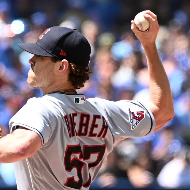 Cleveland Guardians starting pitcher Shane Bieber throws to a Toronto Blue Jays batter in first inning American League baseball action in Toronto on Sunday, August 14, 2022. THE CANADIAN PRESS/Jon Blacker