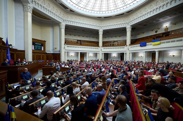 Ukrainian lawmakers voted to restore the independence of the country's anti-corruption agencies at a parliament session hall in Kyiv on July 31, 2025.