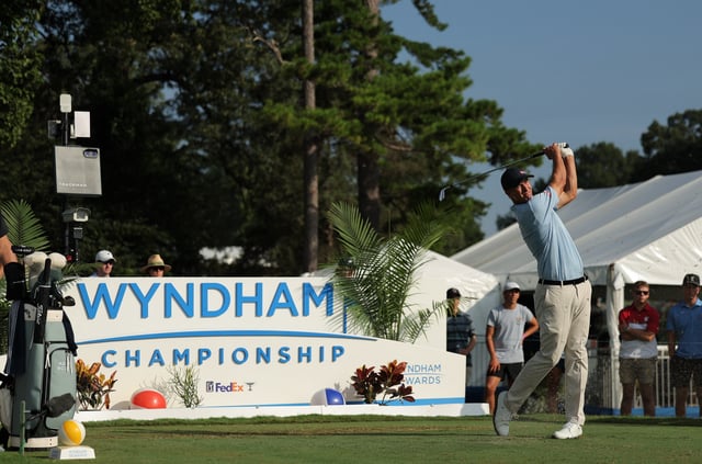 Jul 31, 2025; Greensboro, North Carolina, USA; Adam Scott drives off the 16th tee box during the first round of the Wyndham Championship golf tournament. Mandatory Credit: Allison Lawhon-Imagn Images