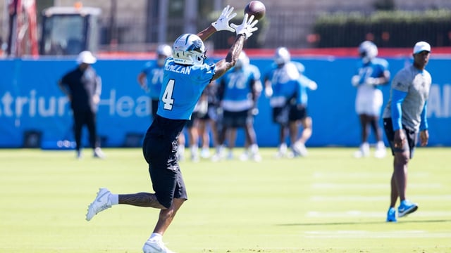 Jul 26, 2025; Charlotte, NC, USA; Carolina Panthers wide receiver Tetairoa McMillan (4) makes a catch during training camp.