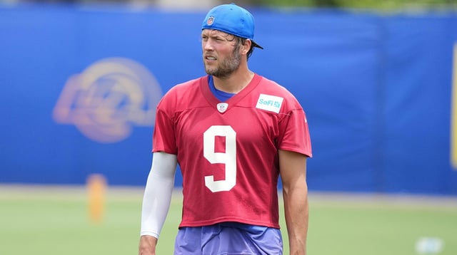 Jun 3, 2025; Woodland Hills, CA, USA; Los Angeles Rams quarterback Matthew Stafford (9) during organized team activities at Rams Practice Facility. Mandatory Credit: Kirby Lee-Imagn Images