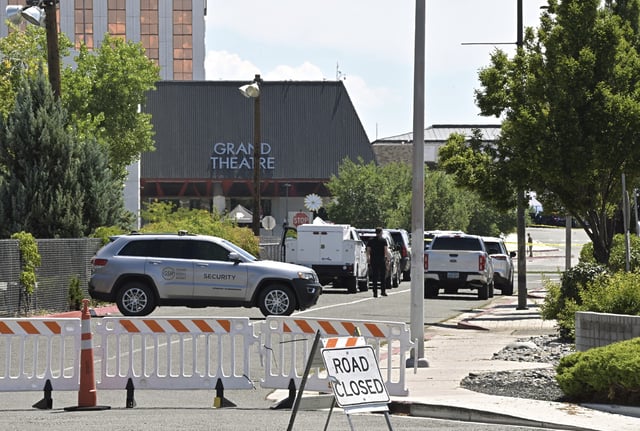 An entrance to the Grand Sierra Resort is closed after a shooting occurred at the resort in Reno, Nev., Monday, July 28, 2025. (AP Photo/Andy Barron)