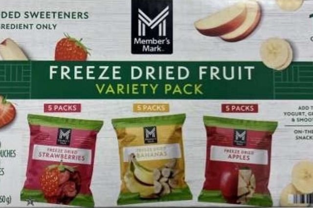 A photo of a Member’s Mark Freeze Dried Fruit Variety Pack 15-count box as the product has been recalled by the U.S. Food and Drug Administration due to contamination with Listeria monocytogenes.