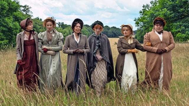 The new Pride and Prejudice will feature, from left, Emma Corrin, Freya Mavor, Olivia Colman, Hopey Parish, Rhea Norwood and Hollie Avery