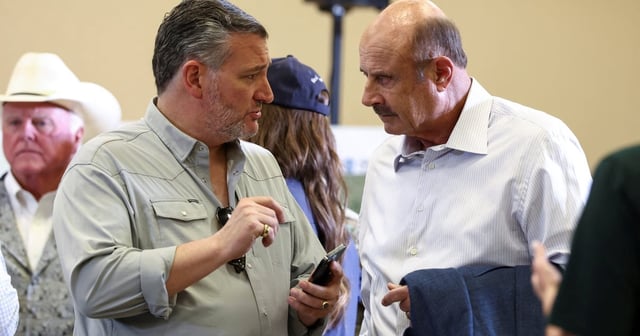 U.S. Sen. Ted Cruz speaks with television personality Dr. Phil McGraw  on the day of a roundtable discussion with first responders and local officials along with with President Donald Trump and first lady Melania Trump after catastrophic floods, at the Hill Country Youth Center in Kerrville on July 11, 2025.