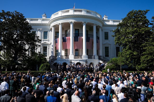 President Donald Trump welcomes players and staff of the Philadelphia Eagles to celebrate their Super Bowl victory at the White House Monday, April 28, 2025.