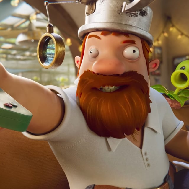 Crazy Dave and a Peashooter in Plants vs Zombies: Remastered trailer