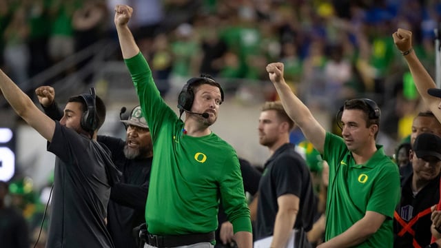 Oregon head coach Dan Lanning signals his team as the Oregon Ducks host the Boise State Broncos Saturday, Sept. 7, 2024 at Autzen Stadium in Eugene, Ore.