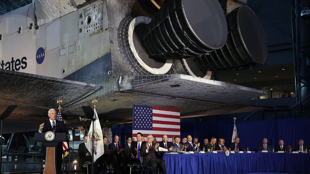 The Space Shuttle Discovery is the backdrop as former Vice President Pence speaks at the National Air and Space Museum in 2019 in Chantilly, Va. Photo: Mark Wilson/Getty Images
