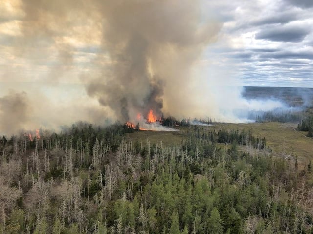 Flames rise from the Barrington Lake wildfire in 2023. The Nova Scotia Government has imposed a total burn ban because of the danger of rapidly spreading fires under the current dry conditions.