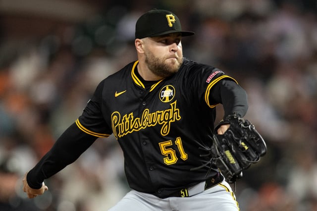 Jul 28, 2025; San Francisco, California, USA; Pittsburgh Pirates pitcher David Bednar (51) delivers a pitch against the San Francisco Giants during the ninth inning at Oracle Park. Mandatory Credit: D. Ross Cameron-Imagn Images/File Photo
