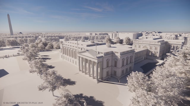 A rendering of the White House State Ballroom is seen.