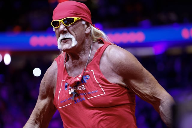 Hulk Hogan takes the stage at a campaign rally at Madison Square Garden on October 27, 2024 in New York City.