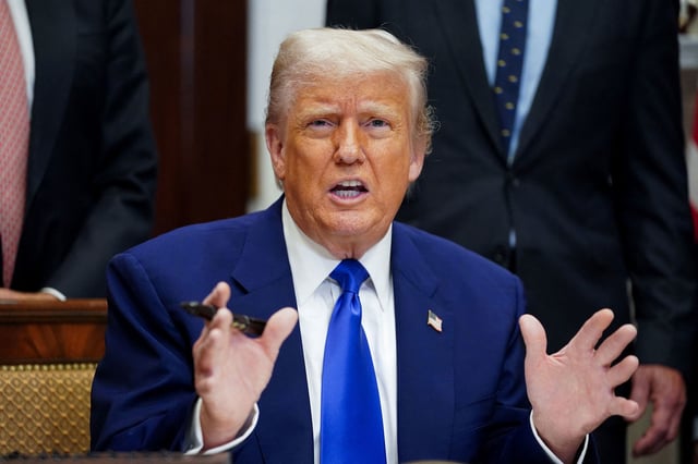 U.S. President Donald Trump gestures on the day he signs an executive order on prescription drug pricing during a press conference in the Roosevelt Room at the White House in Washington, D.C., U.S., May 12, 2025. REUTERS/Nathan Howard