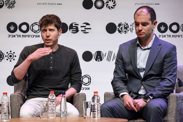FILE: Sam Altman, left, U.S. entrepreneur, investor, programmer and founder and CEO of artificial intelligence company OpenAI, and the company’s co-founder and chief scientist Ilya Sutskever, speak together at Tel Aviv University in Tel Aviv on June 5, 2023.
