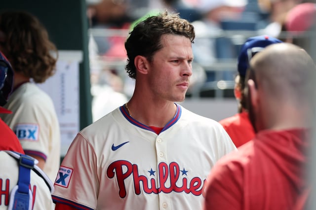 PHILADELPHIA, PENNSYLVANIA - APRIL 20: Max Kepler #17 of the Philadelphia Phillies during a game against the Miami Marlins at Citizens Bank Park on April 20, 2025 in Philadelphia, Pennsylvania. The Marlins won 7-5 in 10 innings. (Photo by Hunter Martin/Getty Images)