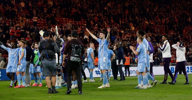 Soccer Football - Championship - Play-Off Semi Final - Second Leg - Middlesbrough v Coventry City - Riverside Stadium, Middlesbrough, Britain - May 17, 2023 Coventry City's Luke McNally celebrates after the match Action Images via Reuters/Craig Brough 