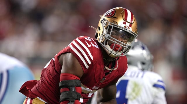 Oct 8, 2023; Santa Clara, California, USA; San Francisco 49ers linebacker Dre Greenlaw (57) reacts after a sack against the Dallas Cowboys during the second quarter at Levi&#39;s Stadium. Mandatory Credit: Darren Yamashita-Imagn Images