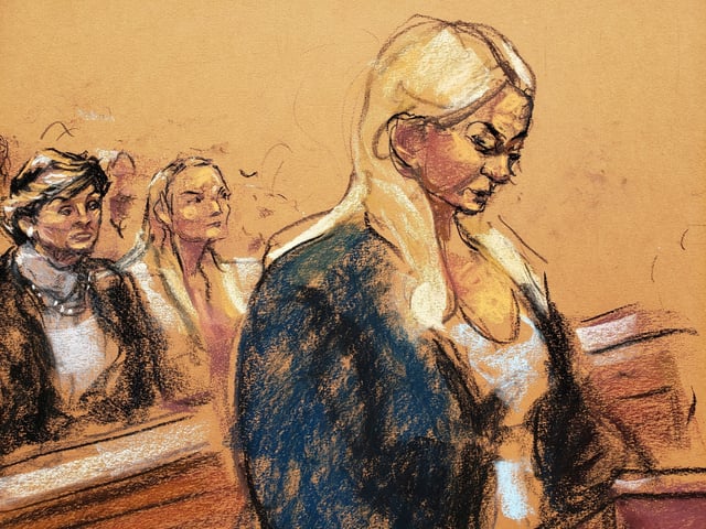 Virginia Giuffre speaks as victims make impact statements during a hearing in the criminal case against Jeffrey Epstein, who died earlier in the month, in what a New York City medical examiner ruled a suicide, in a courtroom sketch at Federal Court in New York, U.S., August 27, 2019. REUTERS/Jane Rosenberg/File Photo