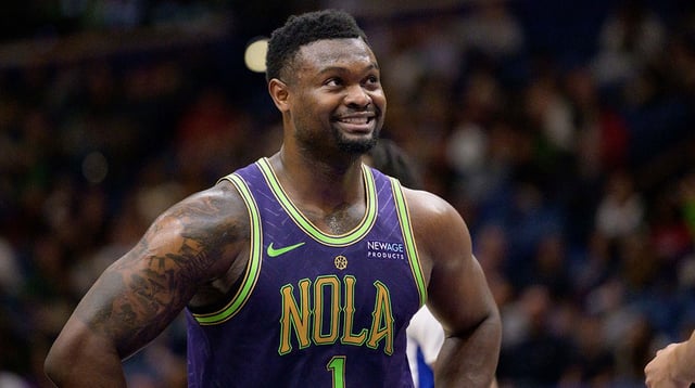 Mar 17, 2025; New Orleans, Louisiana, USA; New Orleans Pelicans forward Zion Williamson (1) reacts during the first half against the Detroit Pistons at Smoothie King Center. Mandatory Credit: Matthew Hinton-Imagn Images