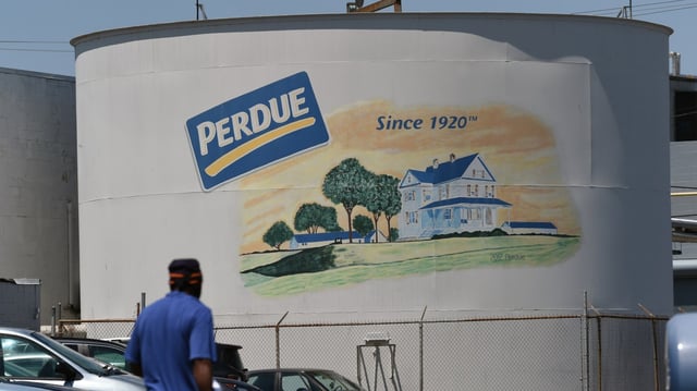 A worker walks to an entrance to the Perdue Farms chicken processing plant in Salisbury. May 13, 2020.