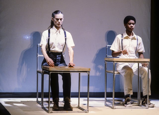 American dancers Lucinda Childs (left) and Sheryl Sutton perform in 'Knee Play 1' from 'Einstein on the Beach' (by Robert Wilson and Philip Glass) at the Brooklyn Academy of Music Opera House, Brooklyn, New York, New York, December 8, 1984. 