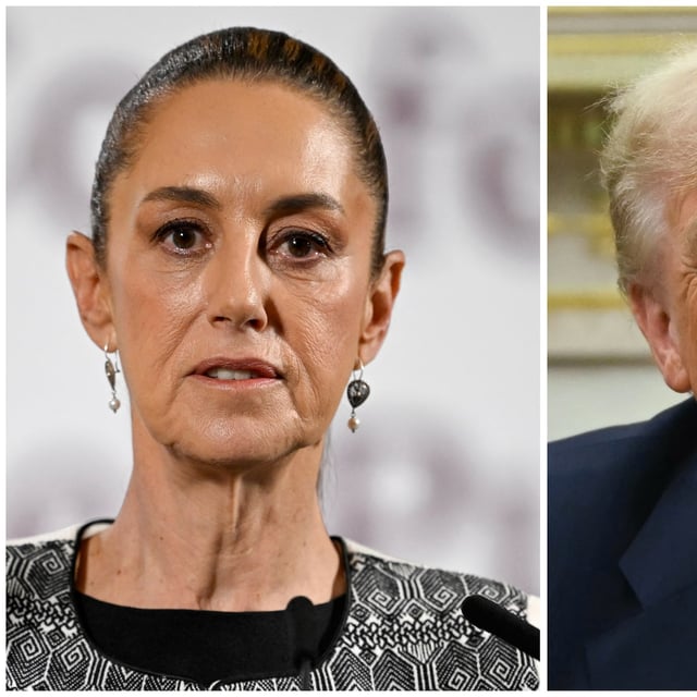 (COMBO) This combination of file pictures created on July 31, 2025 shows Mexico's President Claudia Sheinbaum gesturing in a press conference at Palacio Nacional in Mexico City on April 3, 2025, and US President Donald Trump speaking in a meeting with Bahraini Crown Prince Salman bin Hamad al-Khalifa in the Oval Office of the White House in Washington, DC, on July 16, 2025. US President Donald Trump said on July 31, 2025, he would hold off a planned tariff hike on Mexican products and instead keep duties at existing levels for 90 days after speaking with his counterpart Claudia Sheinbaum. (Photo by Christopher Furlong and Alfredo ESTRELLA / AFP) (Photo by CHRISTOPHER FURLONG,ALFREDO ESTRELLA/AFP via Getty Images)
