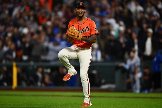 San Francisco Giants pitcher Camilo Doval (75) celebrates after the final out in the ninth inning of their MLB game at Oracle Park in San Francisco, Calif., on Friday, July 11, 2025. The San Francisco Giants defeated the Los Angeles Dodgers 8-7. (Jose Carlos Fajardo/Bay Area News Group)
