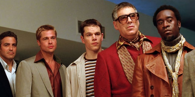 George Clooney, Brad Pitt, Matt Damon, Elliot Gould, and Don Cheadle in Ocean's Eleven