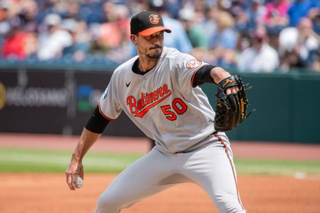 Baltimore Orioles starting pitcher Charlie Morton delivers against the Cleveland Guardians during the first inning of a baseball game, Thursday, July 24, 2025, in Cleveland. (AP Photo/Phil Long)