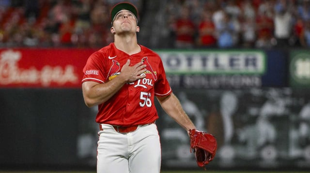 Jul 25, 2025; St. Louis, Missouri, USA; St. Louis Cardinals relief pitcher Ryan Helsley (56) reacts after the Cardinals defeated the San Diego Padres at Busch Stadium. Mandatory Credit: Jeff Curry-Imagn Images