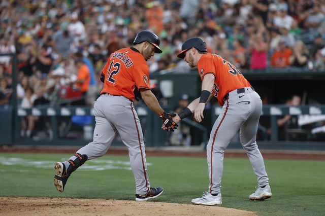 SACRAMENTO, CALIFORNIA – JUNE 7: Ramon Laureano #12 of the Baltimore Orioles celebrates his two-run home run with Ryan O’Hearn #32 in the fourth inning during a game against the Athletics at Sutter Health Park on June 7, 2025 in Sacramento, California. (Photo by Brandon Sloter/Getty Images)