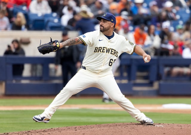 Mar 14, 2025; Phoenix, Arizona, USA; Milwaukee Brewers pitcher Nestor Cortes against the San Francisco Giants during a spring training game at American Family Fields of Phoenix. Mandatory Credit: Mark J. Rebilas-Imagn Images/File Photo