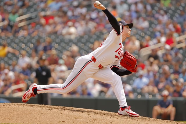 Jul 30, 2025; Minneapolis, Minnesota, USA; Minnesota Twins relief pitcher Griffin Jax (22) throws to the Boston Red Sox in the ninth inning at Target Field. Mandatory Credit: Bruce Kluckhohn-Imagn Images/File Photo