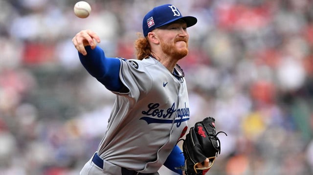 Los Angeles Dodgers starting pitcher Dustin May (85) pitches against the Boston Red Sox during the first inning at Fenway Park. Mandatory Credit: Brian Fluharty-Imagn Images