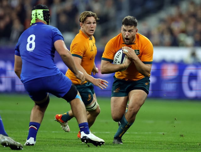 Rugby Union - International - France v Australia - Stade de France, Saint-Denis, France - November 5, 2022  France's Gregory Alldritt in action with Australia's Dave Porecki REUTERS/Sarah Meyssonnier/File Photo