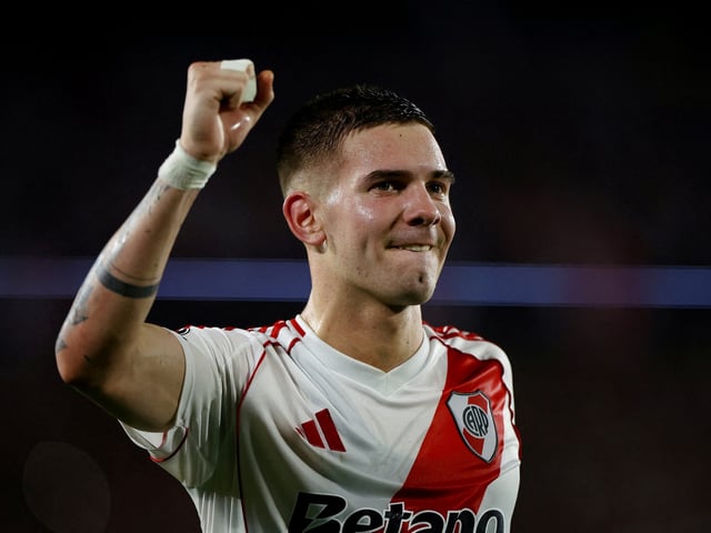FILE PHOTO: Soccer Football - Copa Libertadores - Group Stage - River Plate v Independiente del Valle - Estadio Mas Monumental, Buenos Aires, Argentina - May 15, 2025
River Plate's Franco Mastantuono celebrates scoring their third goal REUTERS/Agustin Marcarian/File Photo