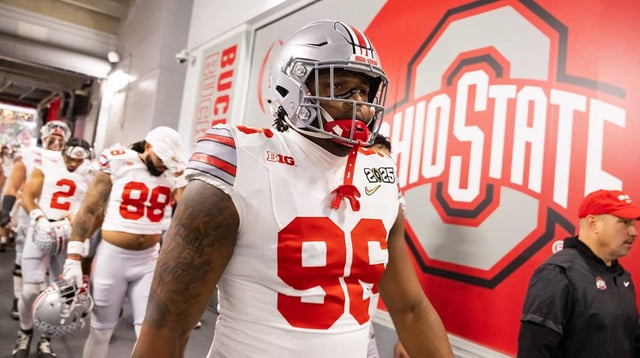 Jan 20, 2025; Atlanta, GA, USA; Ohio State Buckeyes defensive end Eddrick Houston (96) against the Notre Dame Fighting Irish during the CFP National Championship college football game at Mercedes-Benz Stadium. Mandatory Credit: Mark J. Rebilas-Imagn Images