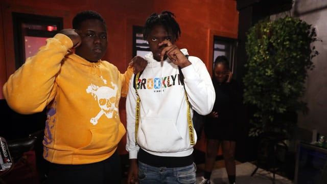 Rappers Sheff G and Sleepy Hallow posing in hoodies at release party event in New York