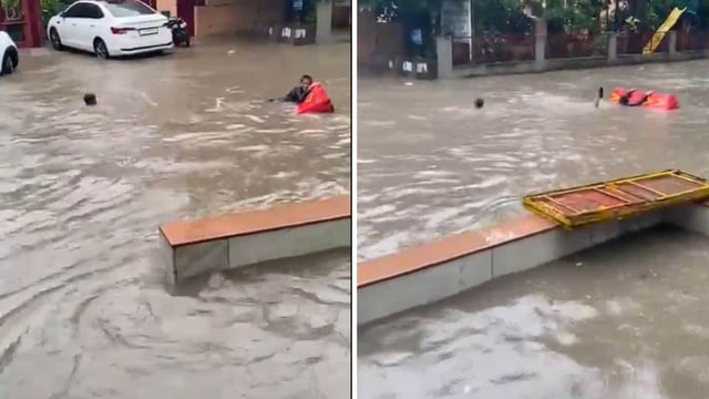 Snippets from a video of a waterlogged road after a downpour in Gurgaon. 