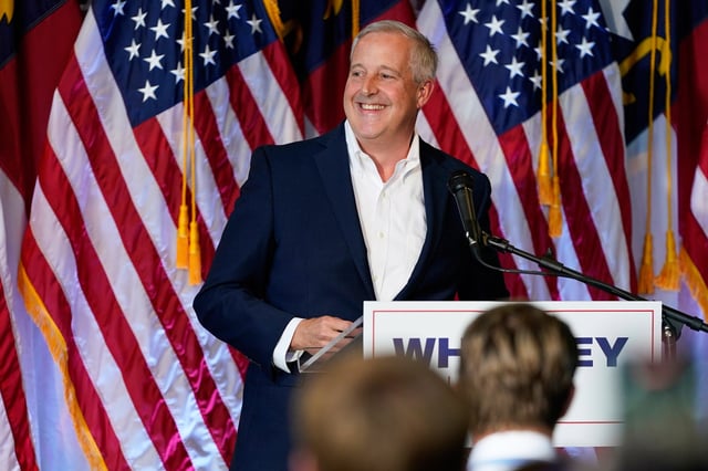 Republican National Committee Chairman Michael Whatley speaks during his campaign launch event for North Carolina's open U.S. Senate seat, Thursday, July 31, 2025, in Gastonia, N.C. (AP Photo/Erik Verduzco)