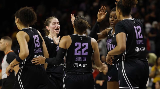 Jul 31, 2025; Washington, District of Columbia, USA; Golden State Valkyries players celebrate after their game against the Washington Mystics at CareFirst Arena. Mandatory Credit: Geoff Burke-Imagn Images
