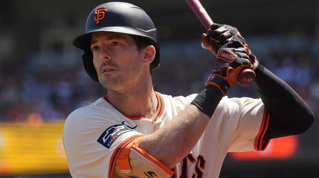 Jul 12, 2025; San Francisco, California, USA; San Francisco Giants right fielder Mike Yastrzemski (5) prepares to bat against the Los Angeles Dodgers during the fifth inning at Oracle Park. Mandatory Credit: Darren Yamashita-Imagn Images