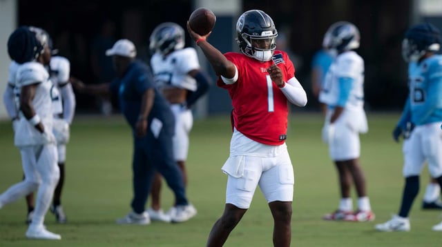 Tennessee Titans quarterback Cam Ward (1) throws during training camp at Ascension Saint Thomas Sports Park in Nashville, Tenn., Wednesday, July 30, 2025. Denny Simmons / The Tennessean / USA TODAY NETWORK via Imagn Images