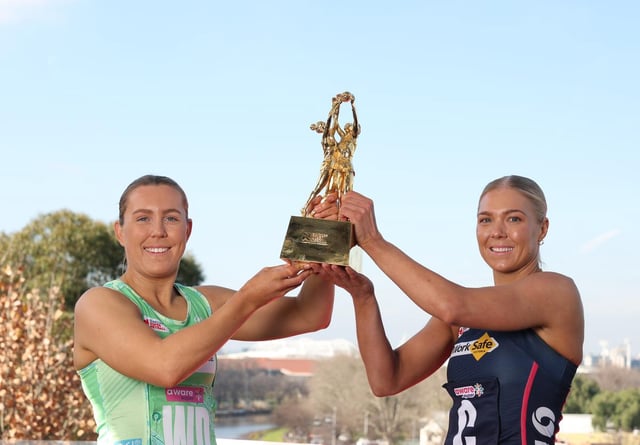 West Coast Fever captain Jess Anstiss and Melbourne Vixens captain Kate Moloney pose during the Captain's Call ahead of the 2025 Super Netball Grand Final.