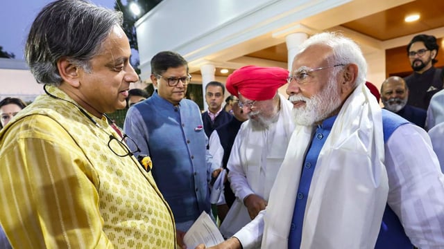 Prime Minister Narendra Modi meets Congress MP Shashi Tharoor, who led a multi-party delegation for a five-nation visit, at his residence in New Delhi on June 10, 2025. 