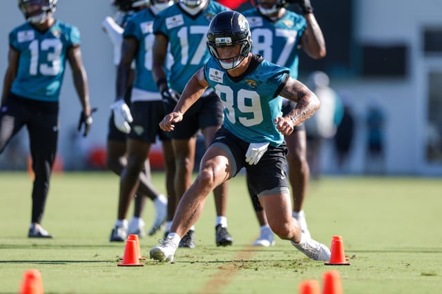 Jul 24, 2025; Jacksonville, FL, USA; Jacksonville Jaguars wide receiver Louis Rees-Zammit (89) participates in training camp at Miller Electric Center. Mandatory Credit: Nathan Ray Seebeck-Imagn Images/File Photo